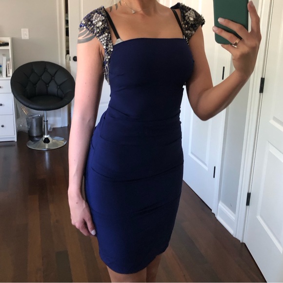 Nicole Miller Navy Ruched Beaded Mini Dress - Size 2 - Picture 10 of 10